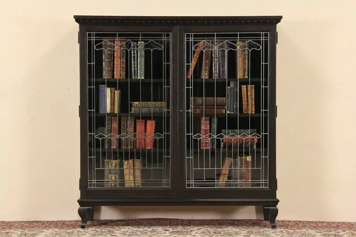 Oak Ebonized 1895 Antique Library Bookcase, Leaded Glass Doors