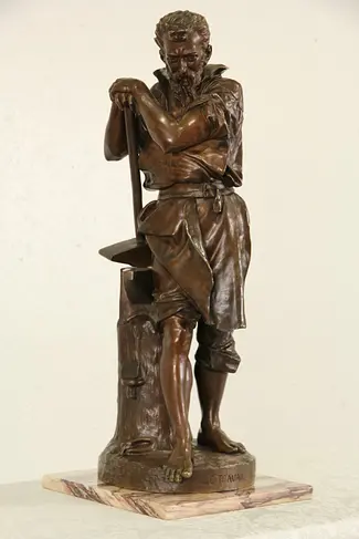 Bronze Sculpture Le Travail or Labor, 1900 Antique French Statue of a Blacksmith