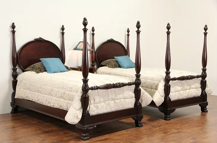 Mahogany 1910 Antique Empire Carved Pair of Twin Poster Beds