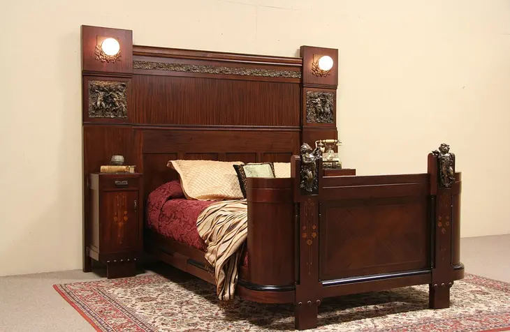 Italian 1915 Queen Size Bed, Nightstands, Bronze Cherubs