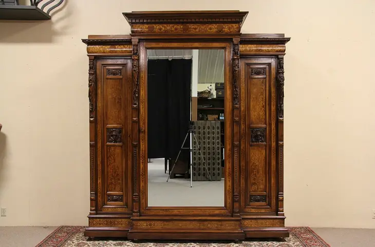 Italian 1880 Antique Armoire, Hand Carved Figures, One Way Mirror