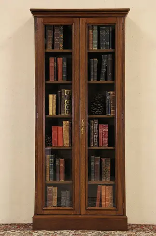 French Oak Vintage Tall Bookcase or Display Cabinet, Glass Doors