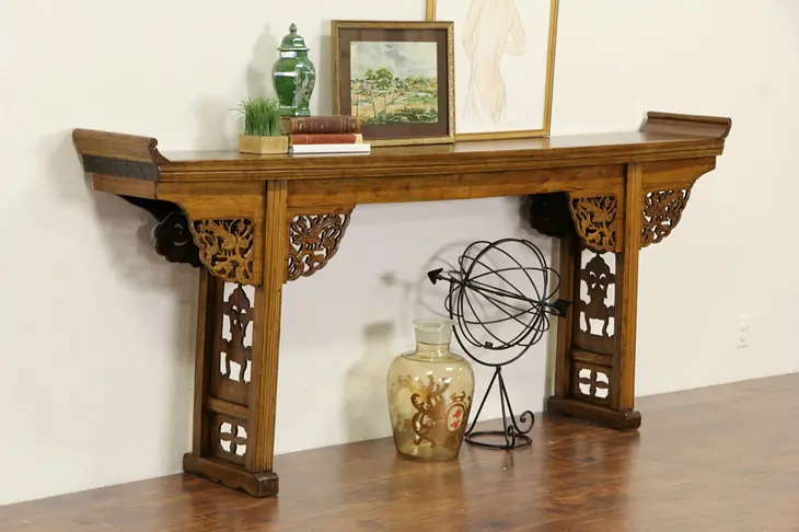 Chinese Carved Elm 1900 Antique Altar, Sofa Table or Hall Console