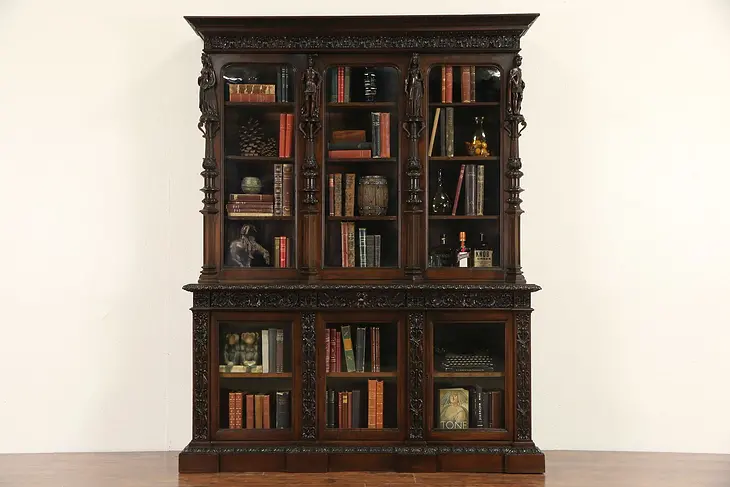 French 1870's Antique Carved Walnut Library Bookcase, Sculptures of Royalty
