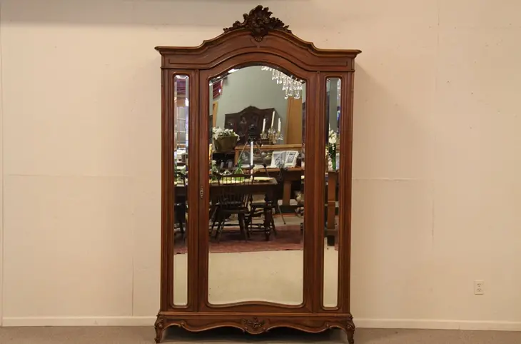 French Carved Armoire or Wardrobe, Beveled Mirrors