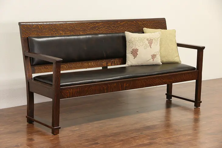 Railroad Station Arts & Crafts 1900 Antique Bench, Leather Upholstery