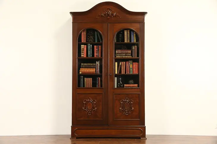Victorian 1860's Antique Carved Walnut LIbrary Bookcase Display Cabinet