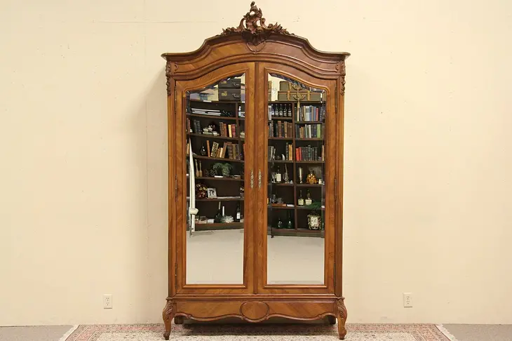French Carved 1890 Antique Armoire, Beveled Mirrors