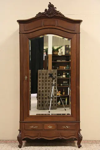 Country French 1895 Antique Carved Oak Armoire, Beveled Mirror Door