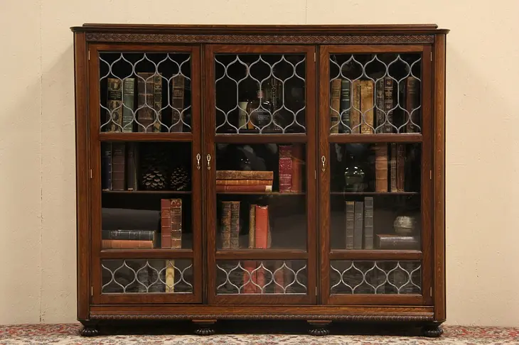 Triple Carved Oak 1895 Antique Bookcase, Leaded Glass Doors