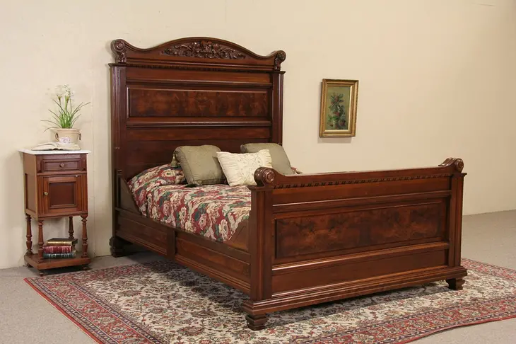 Victorian 1880 Antique Queen Size Carved Walnut Bed