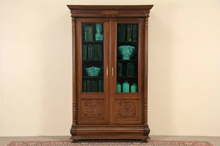 Carved Oak 1880 Antique Northern Europe Bookcase, Stained Glass Doors