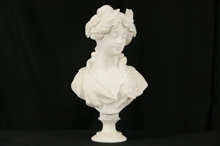 Marble Bust Young Woman With Flowers, 1890's Antique Sculpture, Signed Cipriani