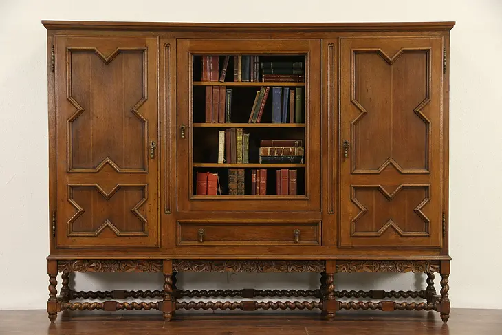 Dutch Renaissance Carved Oak 1920 Antique Bookcase or China Cabinet
