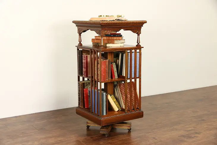 Victorian Eastlake 1880 Antique Spinning Revolving Cherry Bookcase