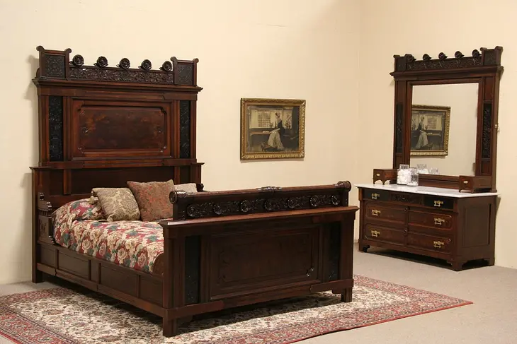 Eastlake 1880 Antique 2 Pc. Queen Size Bedroom Set, Ebony & Burl Panels