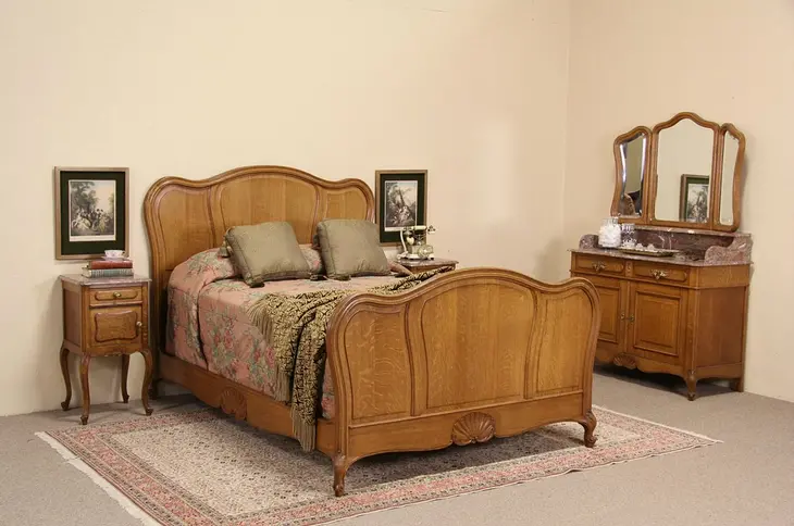 Country French Oak 1900 Antique Double Size 4 Pc. Bedroom Set, Marble Tops