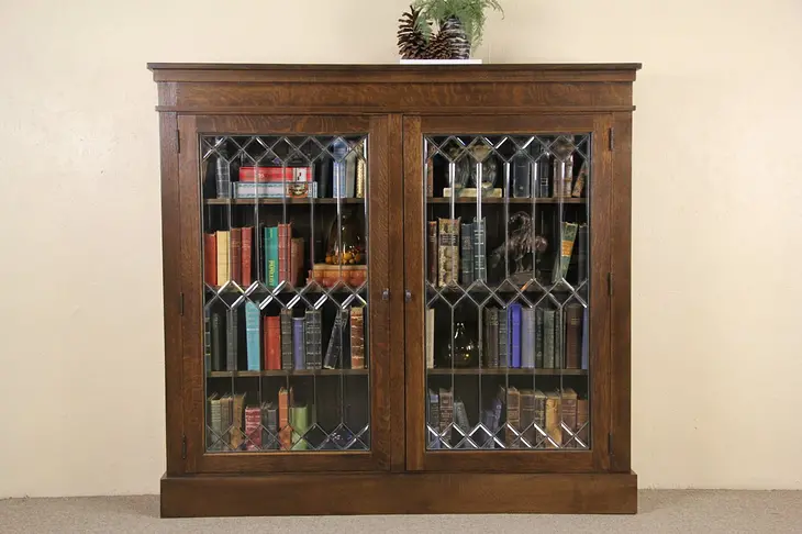 Oak 1900 Antique Library Bookcase, Leaded Beveled Glass Doors, 1 of 2