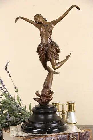 Bronze Vintage Sculpture of a Dancer, Marble Base