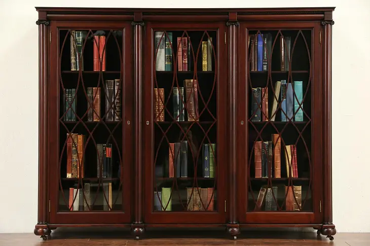 Classical Triple 1900 Antique Mahogany Library Bookcase, Adjustable Shelves