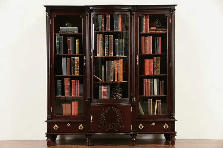 Triple Mahogany 1895 Antique LIbrary Bookcase, Curved Wavy Glass