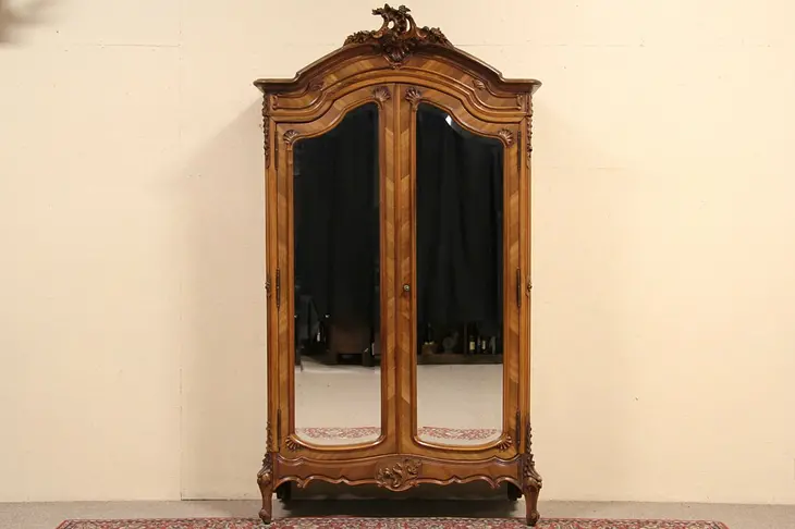 Carved French 1900 Antique Armoire, Beveled Mirror Doors