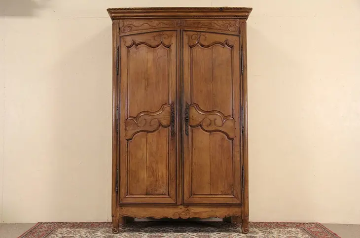 French Carved Oak 1780 Antique Armoire, Modern Fitted Interior