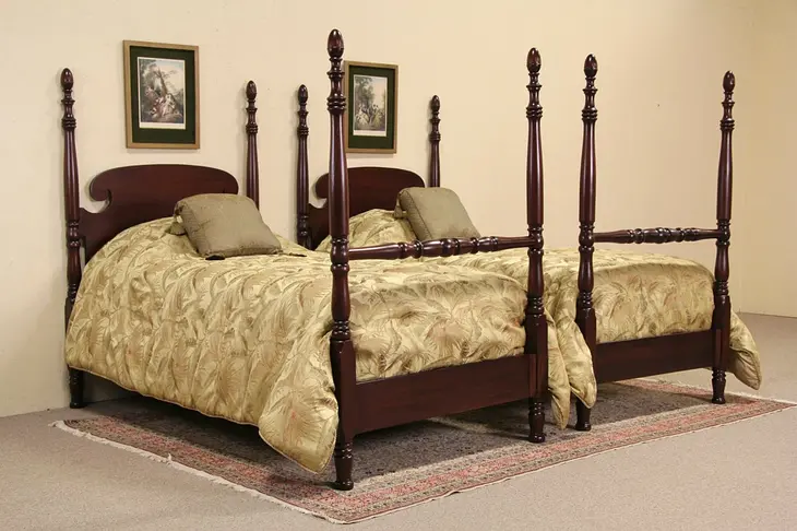 Pair of 1930's Vintage Mahogany Twin Size Poster Beds