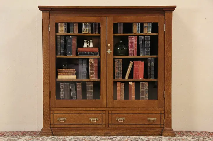 Victorian Eastlake 1885 Antique Oak Bookcase, Glass Doors