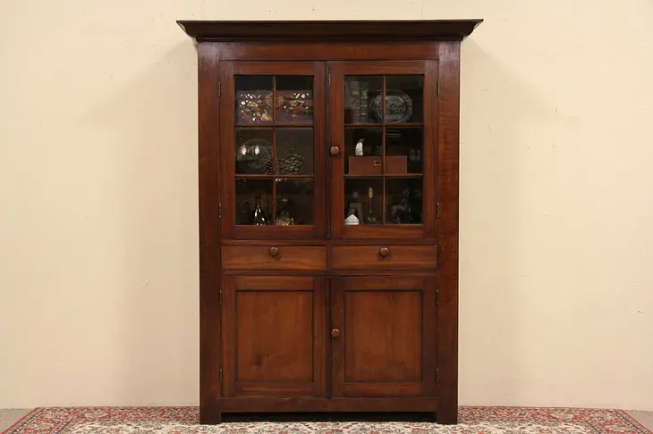 1860 Country Antique Walnut Bookcase China Cabinet