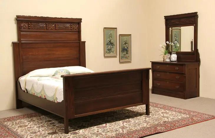 Carved Oak 1895 Antique 2 Pc. Bedroom Set, Queen Size