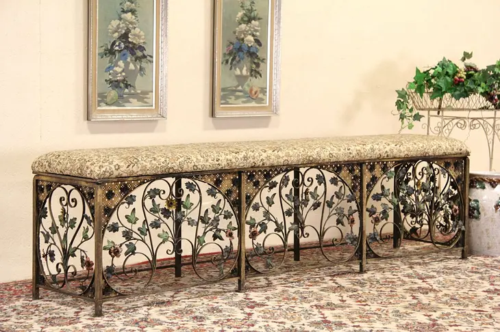 Wrought Iron Hand Painted 1915 Antique Upholstered Hall Bench