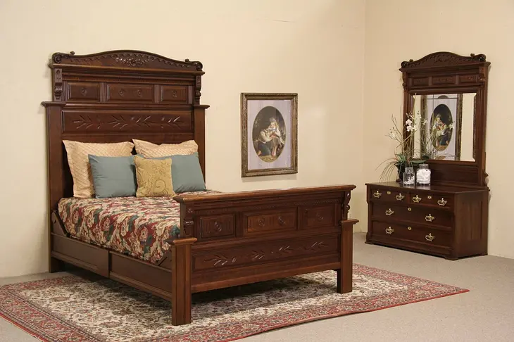 Queen Size 1880 Antique Eastlake Carved Cherry Bedroom Set, Bed & Dresser