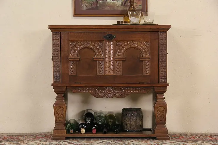 Swedish Carved Oak 1920 Bar Cabinet or TV Console Cabinet