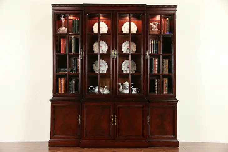Breakfront Mahogany LIghted Vintage China Display Cabinet, Beveled Glass