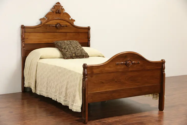 Victorian Carved Walnut 1870 Antique Full Size Bed
