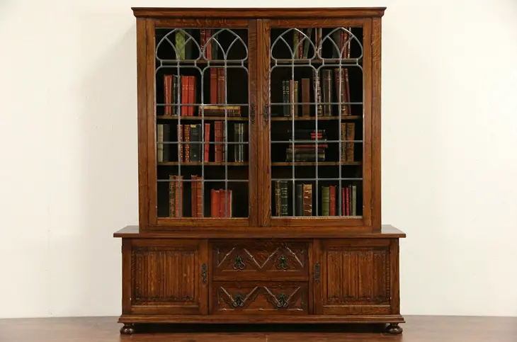 Dutch Renaissance Carved 1920's Vintage Oak Bookcase, Leaded Glass Doors