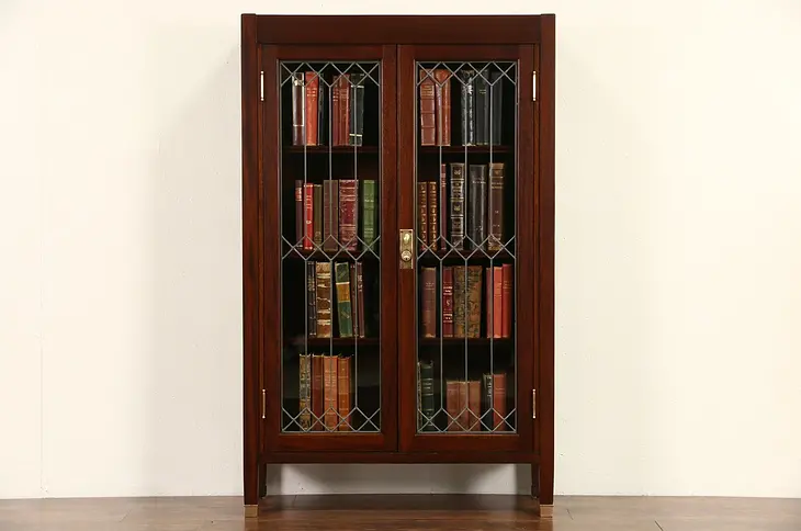 Craftsman Mahogany 1910 Antique Bookcase, Leaded Glass, Bronze Hardware