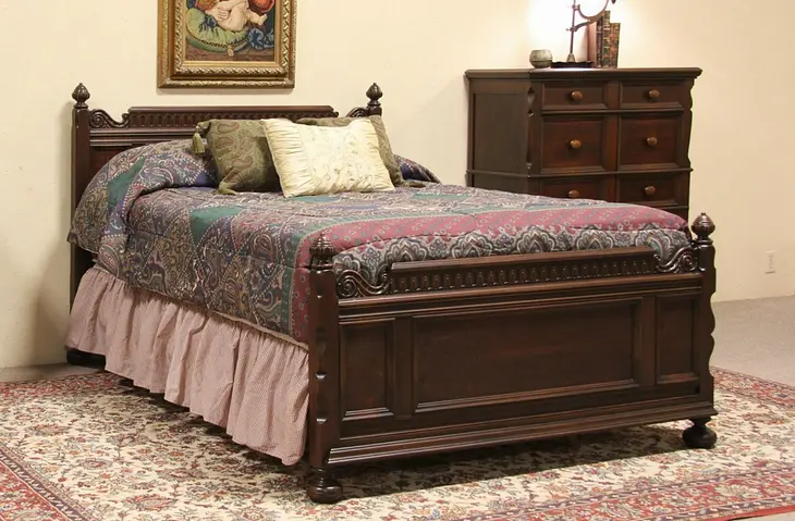 English Tudor Antique 1925 Full Size Bed and Dresser Set