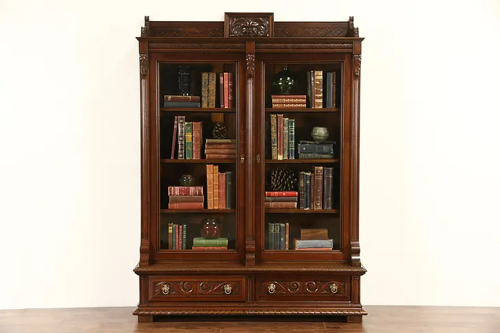 Victorian 1880 Antique Carved Walnut Library Bookcase, Wavy Glass Doors