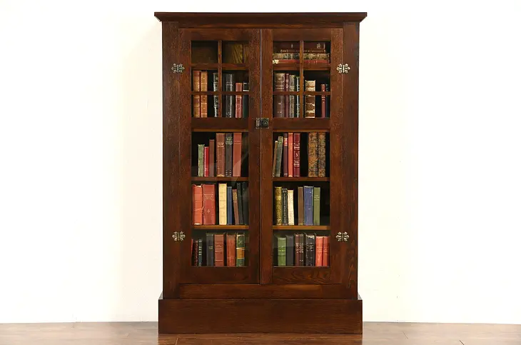Arts & Crafts Mission Oak 1905 Antique Library Bookcase, Glass Doors