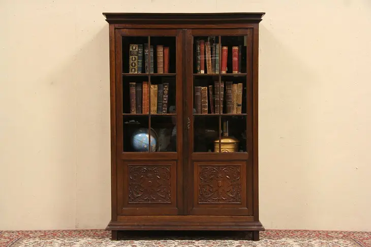 Carved Oak 1895 Antique Bookcase, Glass Doors