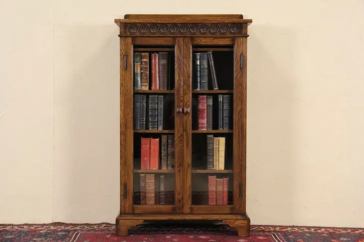 Carved Oak Vintage Bookcase, Glass Doors