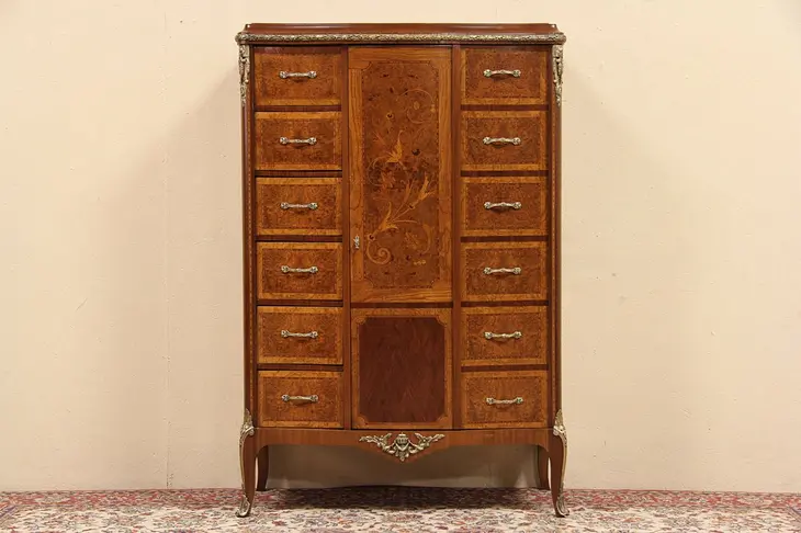 French Marquetry 1920's Armoire or Chifferobe, 6 Drawers