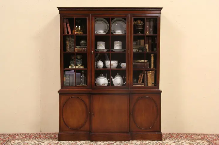 Breakfront Mahogany 1950's Vintage China Display Cabinet or Bookcase