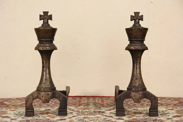 Pair of Arts & Crafts Mission 1900 Hammered Iron Fireplace Andirons