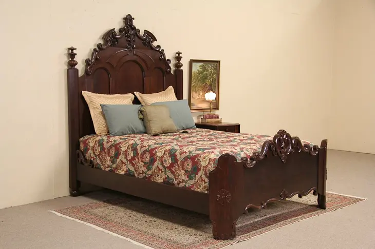 Victorian Carved Walnut Antique 1860's Queen Size Bed