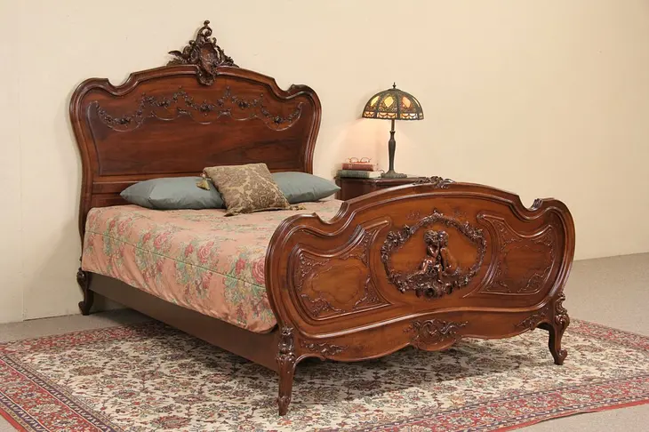 Louis XV French 1900 Antique Queen Size Walnut Bed, Carved Birds & Cherubs