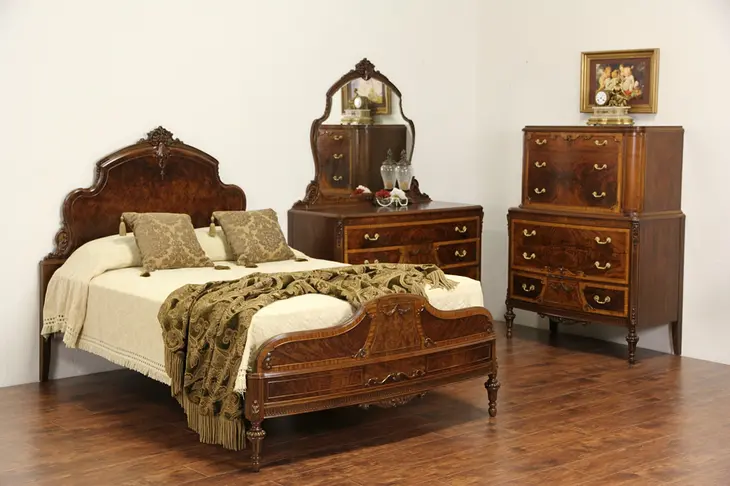 Bedroom Set, Full Size 1930's Vintage Carved Walnut & Burl 3 Pc.