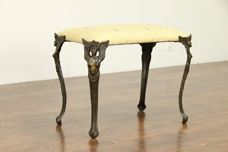 Iron Antique Bench, Angel Legs, New Upholstery, Signed Verona #32004